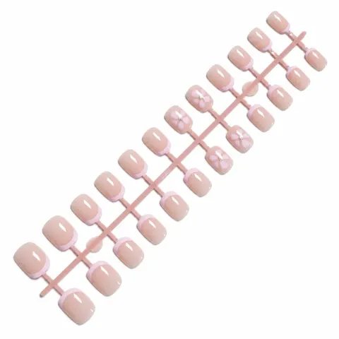 粉色法式穿戴甲白色弧线花朵短圆甲型预制甲美甲贴片成品甲nail / Press-On Nails；细节图 2 · Detail View 2